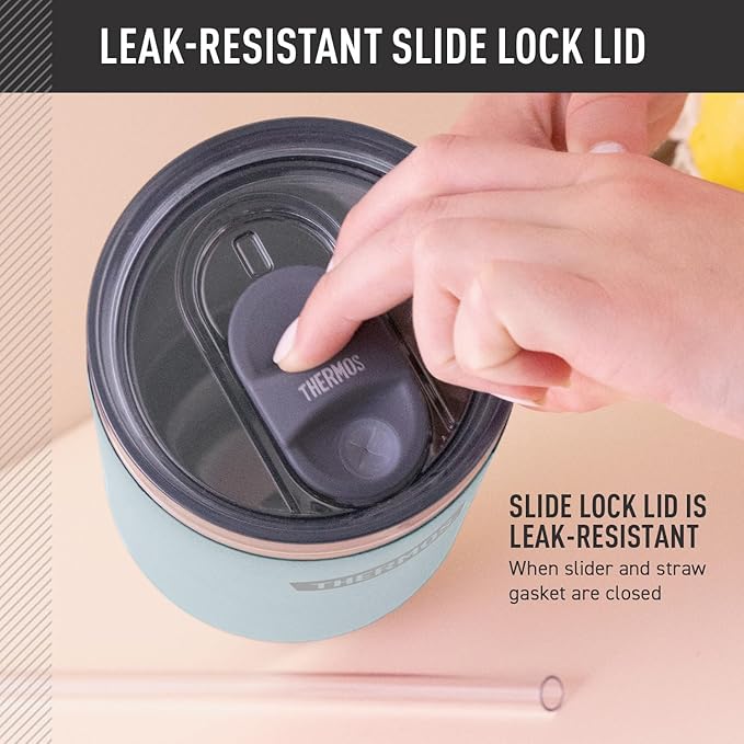 THERMOS Stainless Steel Cup Holder Mug - 40 Ounce, Glacier - Insulated Tumbler with Lid and Straw, Plus Leak-Resistant Slide Lock