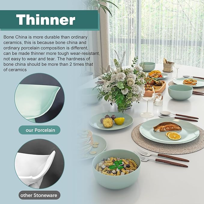Yoshy 12-Piece Green Bone China Dinnerware with Lightweight Durable Chip Resistant Design Service for 4