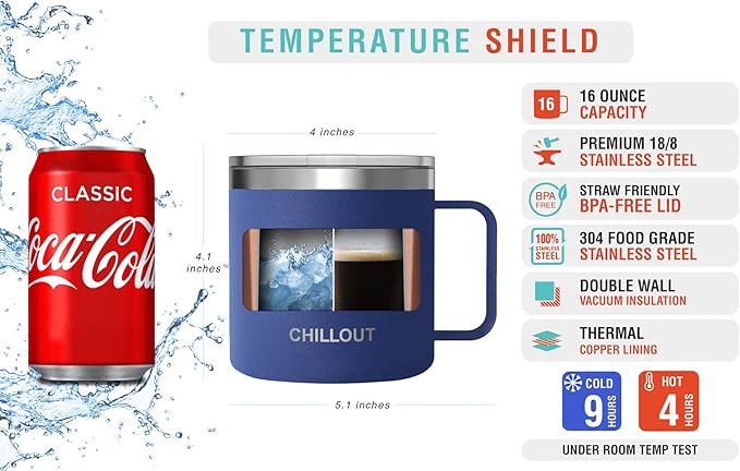 CHILLOUT LIFE Stainless Steel 16 oz Vacuum Insulated Coffee Mug with Handle and Lid, Large Thermal Camping Coffee Mug Cup with Durable Sliding Top for Men & Women - Keeps Beverages Hot/Cold