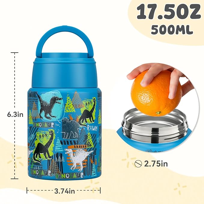 17oz Soup Thermo for Hot Food Kids Insulated Food Jar,Thermo Hot Food Lunch Container, Width Mouth Stainless Steel Lunch Box for Kids with Handle Folding Spoon(Blue - Dinosaur)