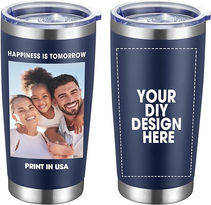 Personalized Custom Tumbler Print in USA 20oz Stainless Steel Coffee Cup with Lid & Straw Double Wall Insulated Tumbler with Colorful Text Logo Photo