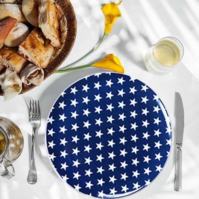 White Melamine Dinner Plates,6pcs Dishes Set,10inch Lightweight Round Plates,Scratch Resistant Unbreakable Serving Dishes,Star