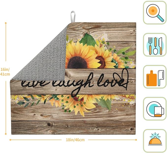 Sunflower On Board Rustic Yellow Summer Fall Live Laugh Love Drying Mat 16x18 Inch For Kitchen Counter Drying Mats Dish For Kitchen Counter Easy Clean Kitchen