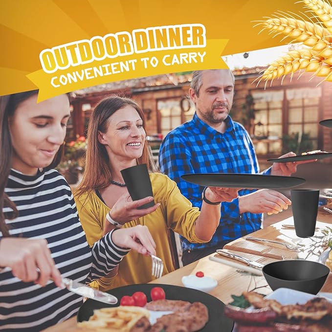 Teivio 32-Piece Kitchen Plastic Wheat Straw Dinnerware Set, Service for 8, Dinner Plates, Dessert Plate, Cereal Bowls, Cups, Unbreakable Colorful Plastic Outdoor Camping Dishes, Black Matte