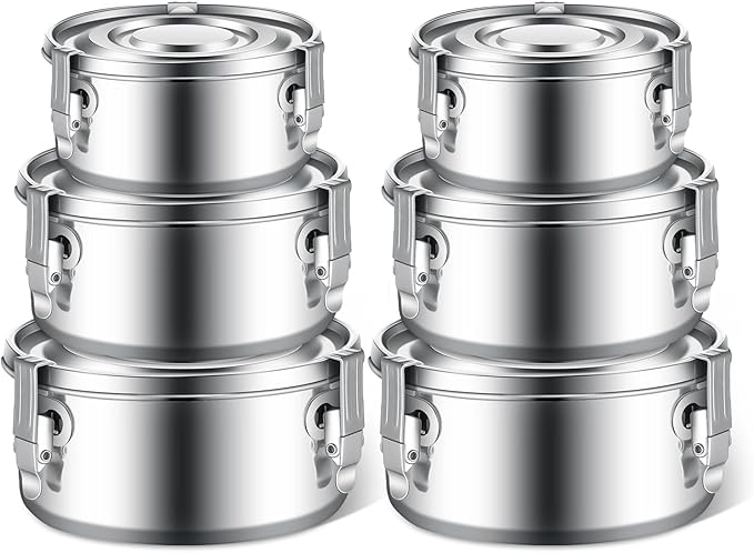 Zopeal 6 Pcs Stainless Steel Food Storage Containers with Lid Bento Lunch Boxes Reusable Metal Flat Canisters for Camping Trips Picnic Snacks Soups Salads Leftovers, 3 Sizes (12oz, 22oz, 34oz)