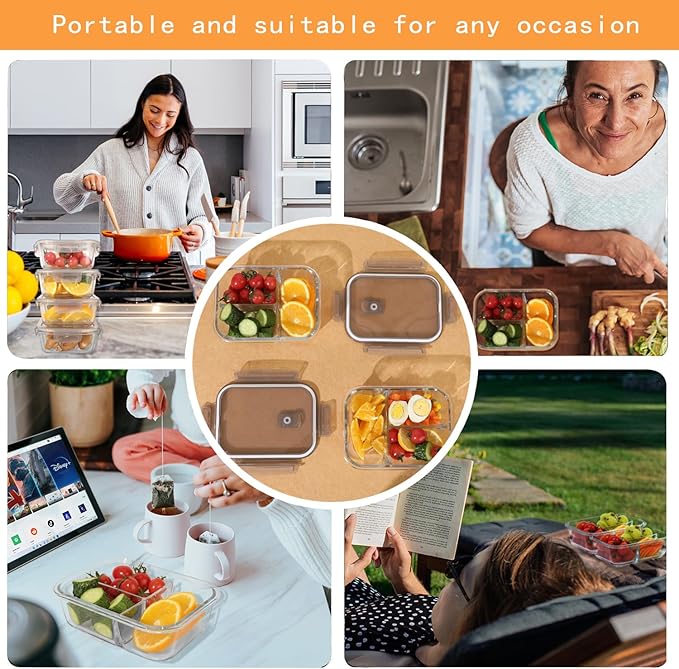 5-Pack Glass Storage Containers,Glass Food Container with Lid,Lunch Box,Bento Box,Storage Box,Meal Prep Containers,Lunch Containers,Fruit Preservation Boxes,Three-partition-Light Gray