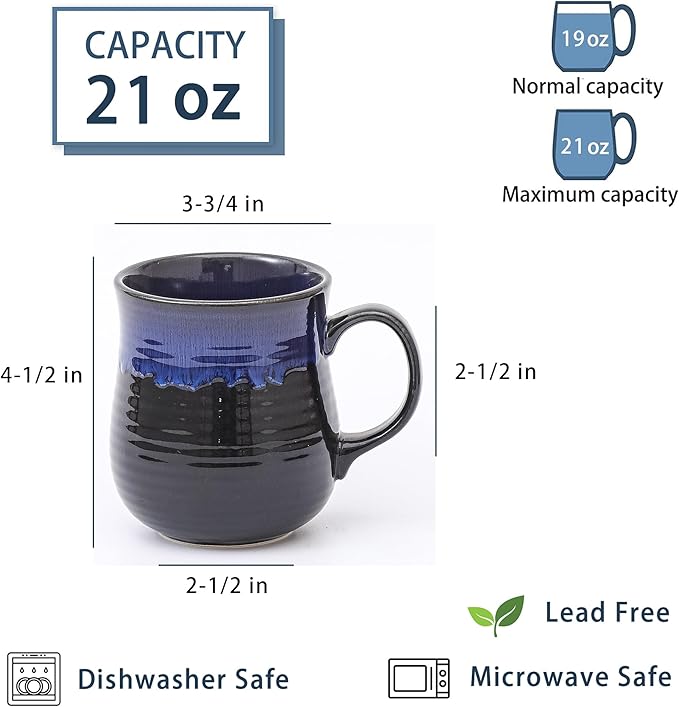21 oz Large Ceramic Coffee Mugs, Pottery Mug Handmade, Ceramic Tea Cups with Handle for Office and Home, Dishwasher and Microwave Safe (Sky Blue)