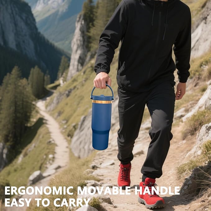 30 oz Tumbler with Handle and Straw, Vacuum Insulated Tumblers with Flip Straw and Top Handle, Leakproof Powder Coated Tumbler, Stainless Steel Travel Mug for Coffee Water (Navy, 1 Pack)