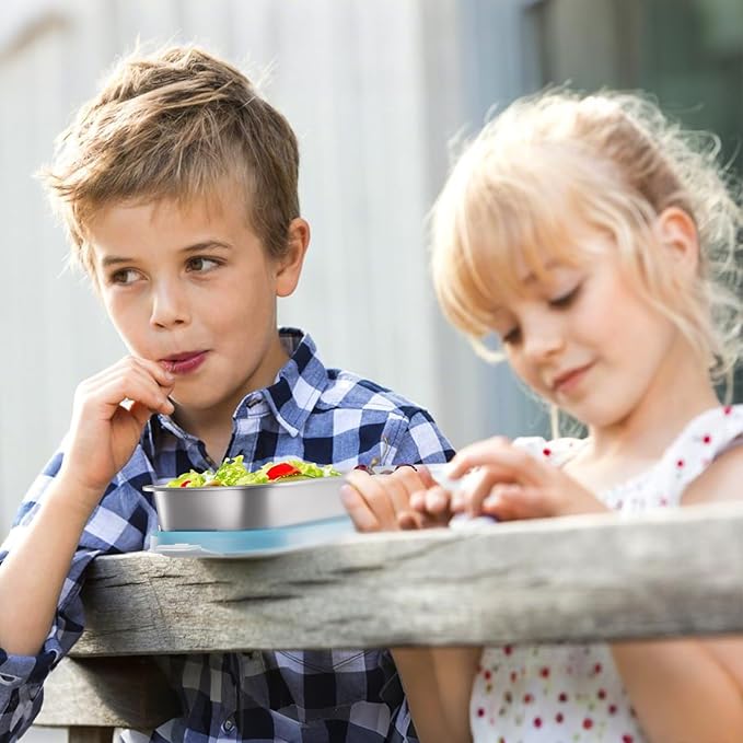 Stainless Steel Snack Containers for Kids Adults, 2 Pack 3 Compartment Metal Snack Containers Box with Lid, Reusable Food Storage Container, Leak Proof, Grab and Go, Blue