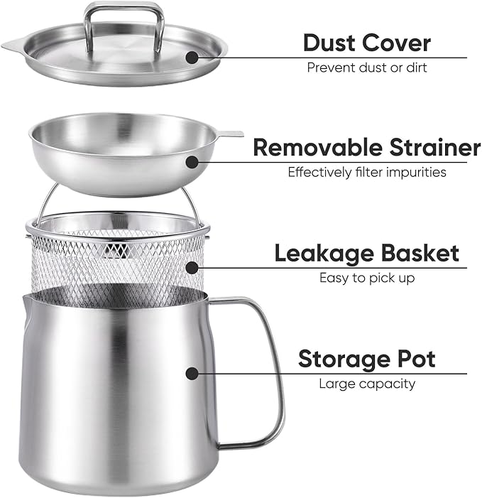 Bacon Grease Container with Strainer, 304 Stainless Steel Grease Container for Kitchen with Dust-proof Lid & Basket, Dishwasher Safe Cooking Oil Container, 50oz/1.5L