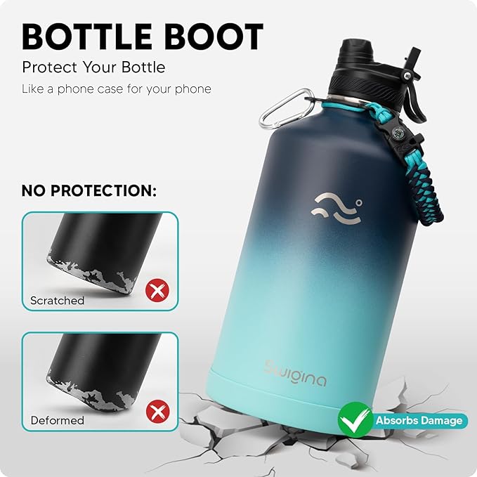 [2-IN-1 LID] Gallon Insulated Water Bottle with Silicone Boot (48hrs Cold/24hrs Hot) - DIY Stickers, Leakproof, BPA Free, 128 oz