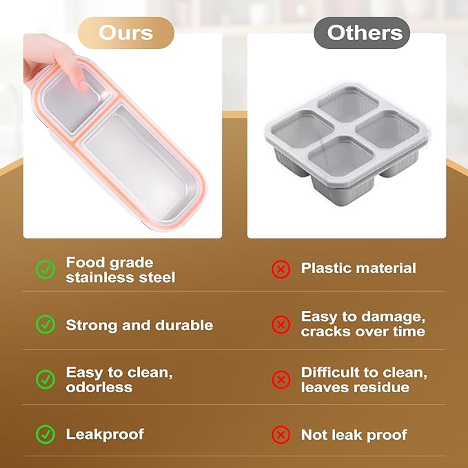 2 Pack Stainless Steel Snack Containers - Reusable Double Compartment Snackle Box Container with Lids for Kids Adults, Divided Snack Food Storage Containers for School, Home, Travel