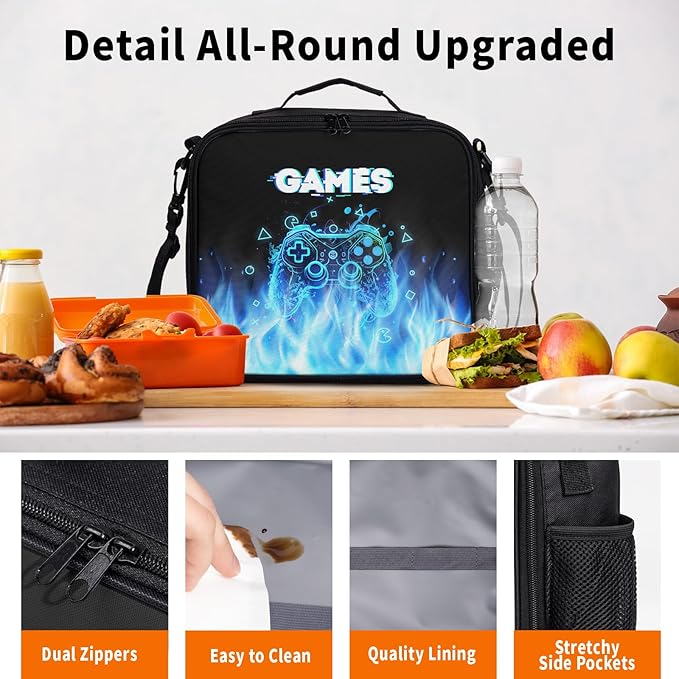 Video Game Lunch Box for Boys Insulated Gamepad Lunch Bag for Kids Reusable Cool Game Gamer Lunchbox Portable Lunch Tote With Adjustable Shoulder Strap for Teens Women Men Work School Travel Picnic
