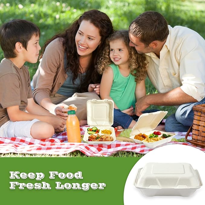 Vplus 100% Compostable Clamshell Take Out Food Containers, 90 PACK 8 inch x 8 inch Eco-Friendly Disposable 3 Compartment, Heavy-Duty Bagasse To-Go Containers for Next Day Lunch, Potluck Party