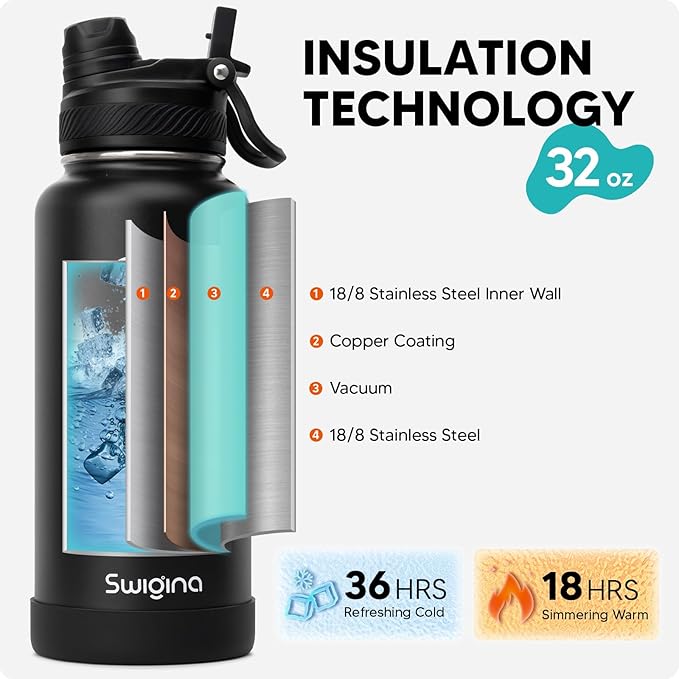 [2-IN-1 LID] Insulated Water Bottle with Silicone Boot (36hrs Cold/18hrs Hot) - DIY Stickers, Leakproof, BPA Free, 32 oz