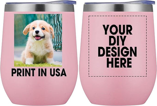Personalized Custom Wine Tumbler Print in USA 12oz Stainless Steel Travel Coffee Cup with Lid & Straw Double Wall Insulated Mug with Colorful Text Logo Photo