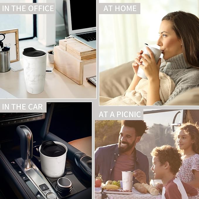 ANTIS'S HOME Ceramic Coffee Mug with Lid, Marble Double Wall Coffee Travel Mug Ceramic Tumbler 12 oz, Reusable Tall Cup, Splash Resistant Lid, Dishwasher Microwaveable Safe