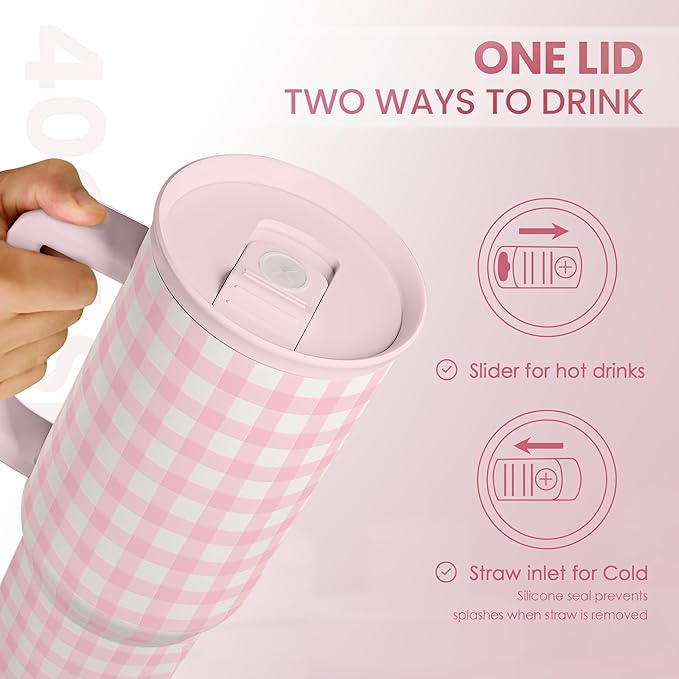 Pink Gingham 40oz Slider Tumbler with Handle and Straw - Insulated Stainless Steel Travel Coffee Mug for Women Girls, Gift for Birthday, Christmas