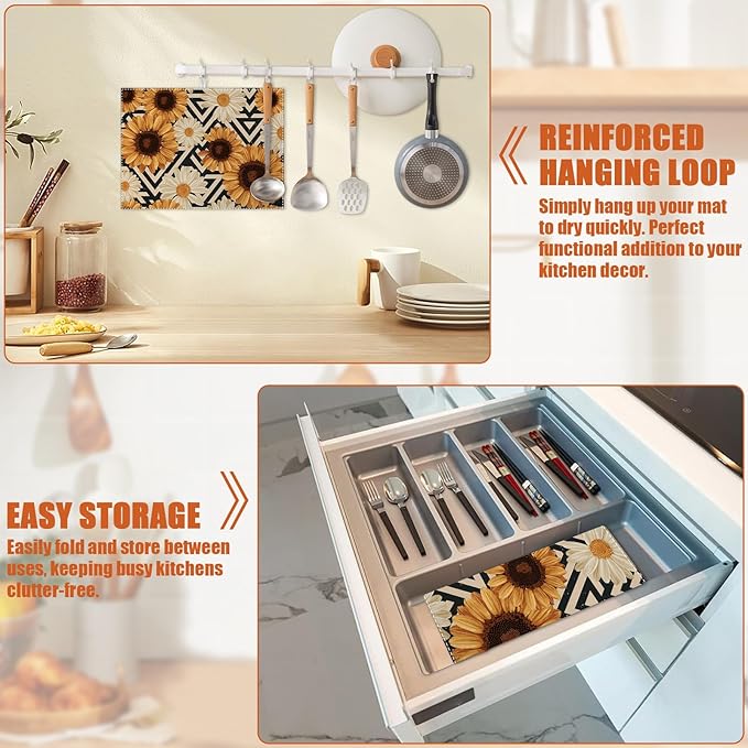 Vintage Sunflower Daisy Dish Drying Mat for Kitchen Counter Microfiber Absorbent Dish Kitchen Drying Mat Draining Reusable Washable for Dishes/Utensils/Counterto