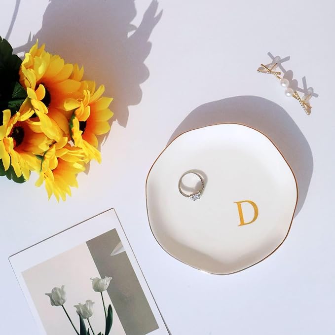 Ceramic Jewelry Tray Initial Ring Dish Personalized D-Monogrammed Engagement Wedding Gifts, for Birthday Mother's Day Christmas for Women, Ceramic White 4.75" (D)