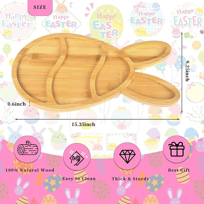 Wooden Bunny Plate, Easter Candy Dish Tray Platter Serving Dishes, Reusable Bunny Charcuterie Board, Funny Easter Party Decorations Bunny Decor (15.4"x9.3"x0.6")