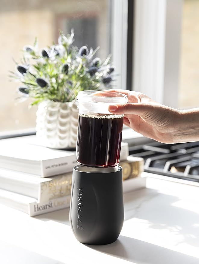 Vinglacé Stainless Steel Stemless Wine Glass- Insulated Wine Tumbler with Glass Insert and Sip Lid, 10 oz, Black