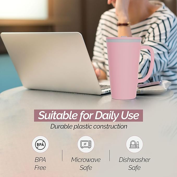 Copco Cone 16oz Insulated Travel Mug with Handle, Double Wall, Slide-Closure Lid, BPA-Free, Microwave & Dishwasher Safe, Reusable Plastic Travel Coffee Tumbler - Portable Coffee Cup (Pink)
