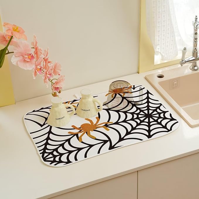 Spider Web Dish Drying Mat 18 x 24 inch Halloween Holiday Themed Decorative Drying Mats Microfiber Absorbent Dish Washable Draining Mat for Kitchen Counter Decor