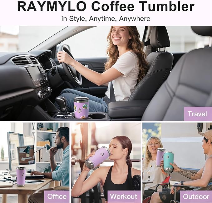 20 oz Coffee Tumbler - Insulated Stainless Steel Travel Mug for Hot/Cold, Spill Proof with BPA-Free Detachable Lid, Coffee Cup Fits Most Car holder, Includes Chic Stickers, Light Purple