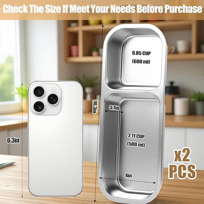 2 Pack Stainless Steel Snack Containers - Reusable Double Compartment Snackle Box Container with Lids for Kids Adults, Divided Snack Food Storage Containers for School, Home, Travel