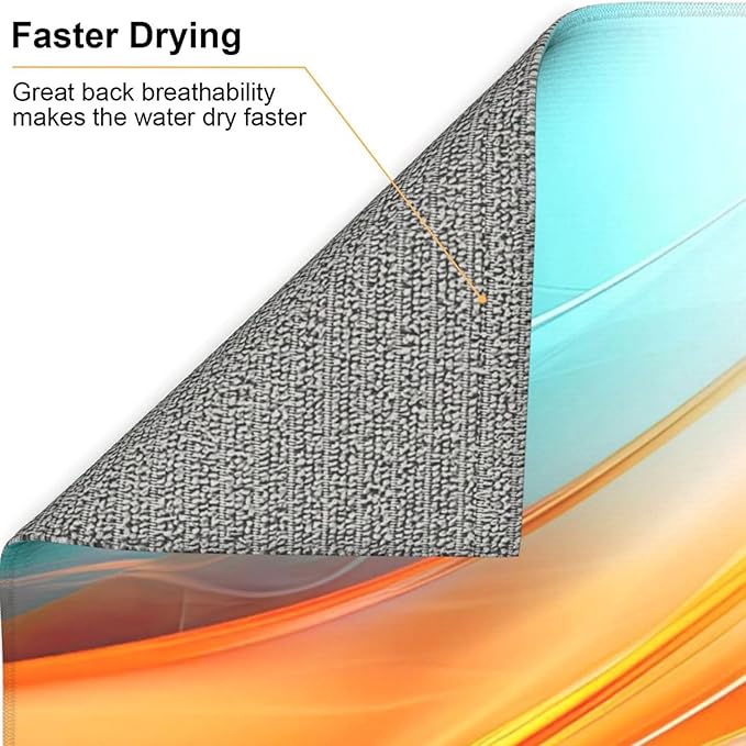 Teal Orange Geometric Wave Dish Drying Mat for Kitchen Counter, Absorbent Microfiber Drying Pad for Kitchen Dishes, 16" x 18" Polyester, Washable, Reusable, Foldable, for Dining Area, Small Appliances