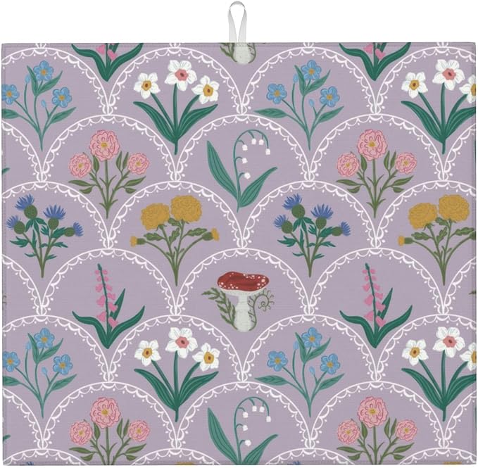 Vintage Flowers Dish Drying Mat 16x18 Inch, Microfiber Absorbent Fast Dry Mat Mushroom Floral Large Dish Mat Drying Kitchen Mat, Kitchen Drying Pad for Kitchen Counter Coffee Bar Decor Gifts