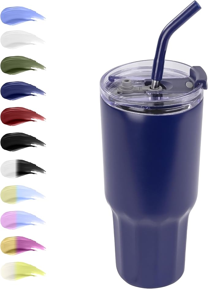 VEGOND 30 oz Insulated Stainless Steel Tumbler with lid and straw Double Wall Vacuum Travel Coffee Mug with Non-Slip Silicone Base, Sweat Proof Powder Coated Cup for Hot Cold Drinks, Navy