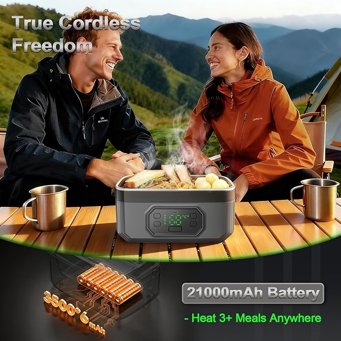 1.2L Cordless Electric Lunch Box - 21000mAh Heated Lunch Box Battery Powered with Automatic Heating, 9-Timer & 5-Temp Setting, Leakproof 304 Stainless Steel Container, Perfect for Office/Truck/Outdoor