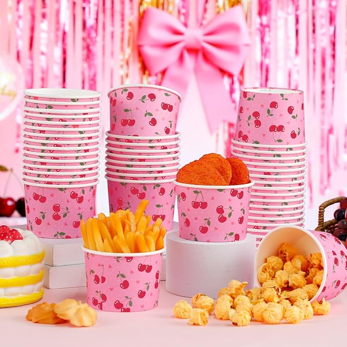 50 Pack Cherry Treat Snack Cups Red Cherry Heart Ice Cream Paper Cups 9 oz Fruit Disposable Dessert Bowls for Hot or Cold Food Summer Sweet First Birthday Baby Shower Party Supplies