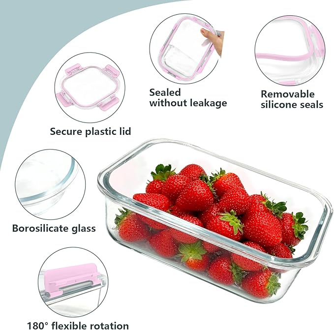 12 Pack Glass Meal Prep Food Storage Containers with Lids Airtight Stackable, Microwave, Oven, Freezer and Dishwasher Safe(Pink)
