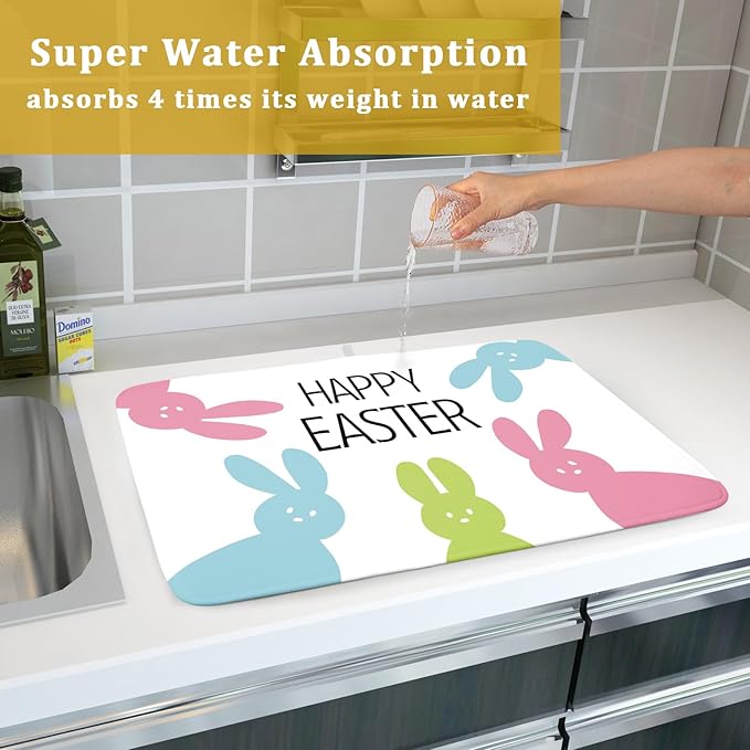 Spring Easter Dish Drying Mats for Kitchen Counter 18×24 Inch Cute Bunny Rabbit Large Microfiber Drying Mat Kitchen Accessories Dish Rack Mat Drainer Pad Washable Absorbent