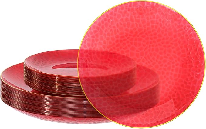 SUT 36Pcs Red Plastic Plates, Hammered Plates Disposable Heavy Duty, Red Disposable Plates With Gold Rim, Fancy Plastic plates Include 18 Dinner and 18 Dessert plates for Wedding