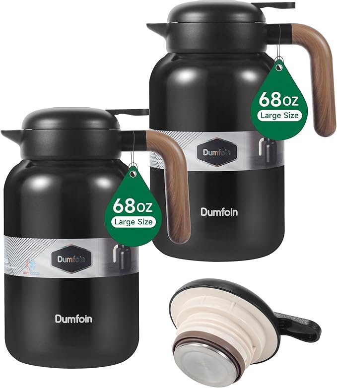 68 Oz Thermal Coffee Carafe, 2 PCS Stainless Steel Insulated Vacuum Coffee Carafes For Keeping Hot, 2 Liter Carafe for Hot Liquids (Black/Black)