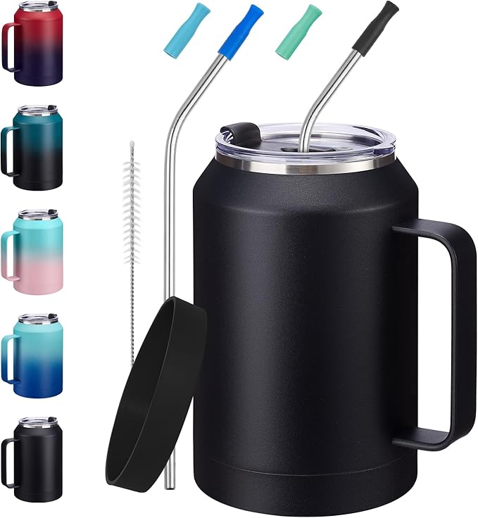 32 oz Insulated Coffee Mug Tumbler - w/ Handle, 2-in-1 Straw & Chug Lid, Silicone Boot, Double Wall Vacuum Insulated Tumblers Cups 32oz, Leak Proof Stainless Steel Water Bottle Work Home Travel Mugs