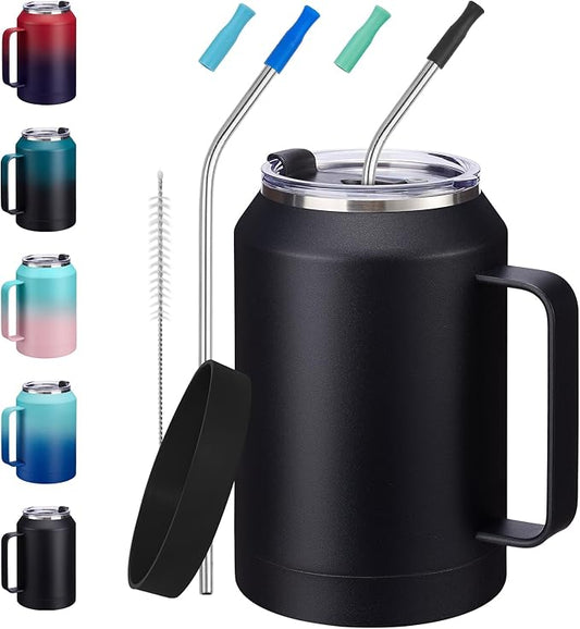 32 oz Insulated Coffee Mug Tumbler - w/ Handle, 2-in-1 Straw & Chug Lid, Silicone Boot, Double Wall Vacuum Insulated Tumblers Cups 32oz, Leak Proof Stainless Steel Water Bottle Work Home Travel Mugs