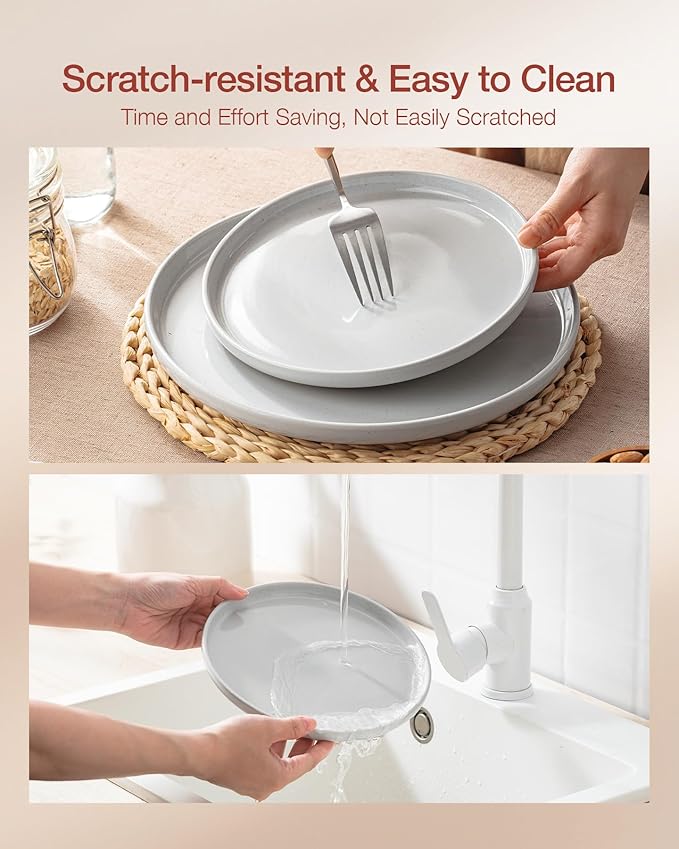 Famiware Milkyway Dinnerware Set with Mugs, Service for 4 (16pcs), Ribbed Stoneware Plates and Bowls Dishes Sets - Chip & Scratch Resistant, Microwave & Dishwasher Safe, Light Gray