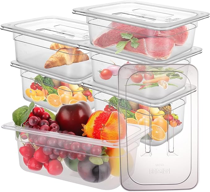 6 Pack 1/4 Size Plastic Clear Food Pan with Lid, 4 Inch Deep Commercial Stackable Polycarbonate Pan with Capacity Indicator, Acrylic Food Container Hotel Pans for Kitchen Restaurant
