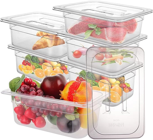 6 Pack 1/4 Size Plastic Clear Food Pan with Lid, 4 Inch Deep Commercial Stackable Polycarbonate Pan with Capacity Indicator, Acrylic Food Container Hotel Pans for Kitchen Restaurant