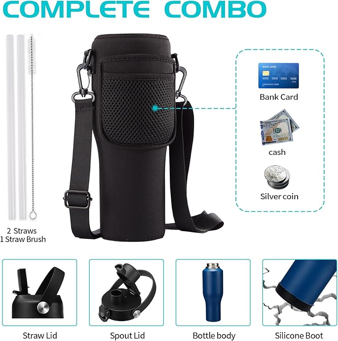 40oz Insulated Water Bottle that fits in Cup Holder - Water Cup with Spout Lid, Straw, Sleeve with Side Handle, Vacuum Stainless Steel Travel Tumbler Keep Cold 48h/Hot 24h