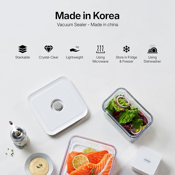 VAKUEN Premium Airtight Food Storage Container. Meal Prep 0.85qt 5pc/Set. 4pcs Container and Vacuum Sealer. Patented Double Silicone Lining, 100% Leak Proof, BPA-FREE