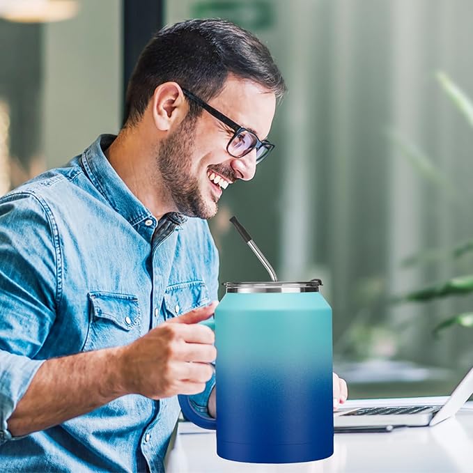 50oz Insulated Mug Tumbler with Handle - Keep Cold-36h & Hot-24h, Stainless Steel Water Jug 50 oz Coffee Mugs with Straw & Spout Lid, Wide Mouth Metal Water Bottle Camping Flask Hospital Cup Travel