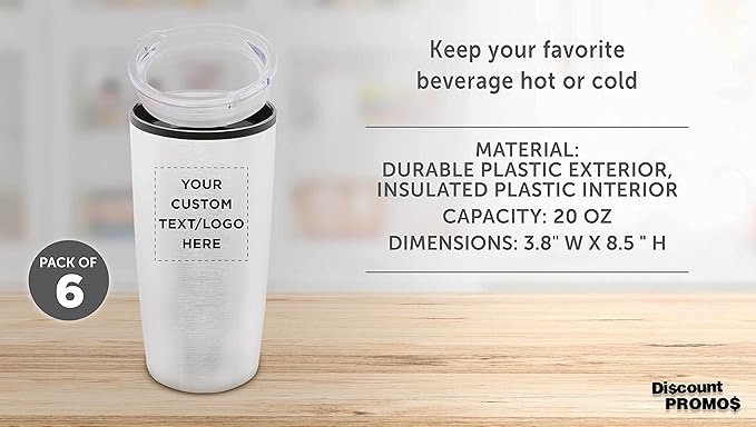 Custom Plastic Tumblers 20 oz. Set of 6, Personalized Bulk Pack - With lids, Ice Coffee Tumbler, To Go Cup, Insulated - Silver