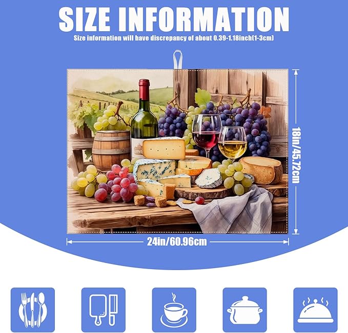 Vintage Red Wine Grape Dish Drying Mat for Kitchen Counter Drying Pad Absorbent Reversible Dish Drainer Rack Mats Draining Pad 18"x24"Inch