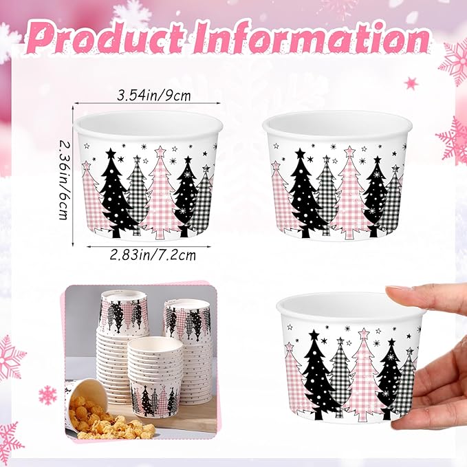50 Pack Christmas Tree Treat Snack Cups Pink Gingham Buffalo Plaid Paper Ice Cream Cups 9 oz Xmas Tree Disposable Dessert Bowls for Hot or Cold Food Winter Xmas Holiday Party Supplies